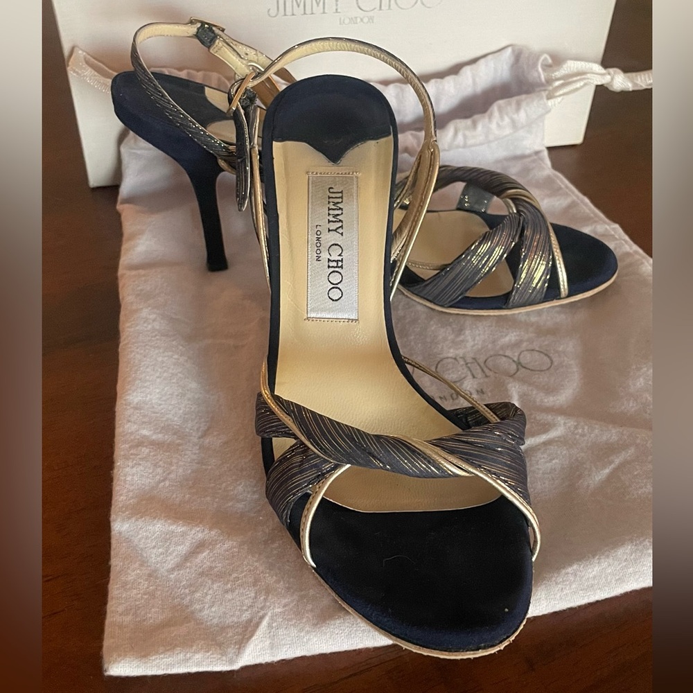 Jimmy Choo RÉMI Slingback Sandals – Elegant Navy & Gold